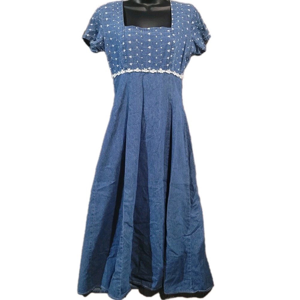 Vintage Denim Cottagecore Dress Size 5 Square Neck Eyelet Bodice Empire Waist